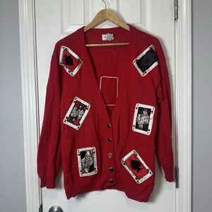 VTG Raffia Granny Core Sequin Hand Beaded Casino Cards Cardigan OS